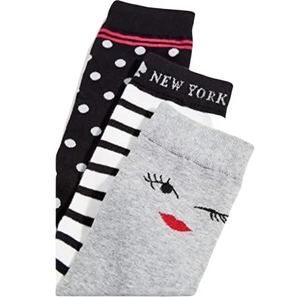 🎊HP 3 Pairs KATE SPADE Gray Black WINK Polka Dot Striped Trouser Crew Socks NIP - Picture 2 of 13